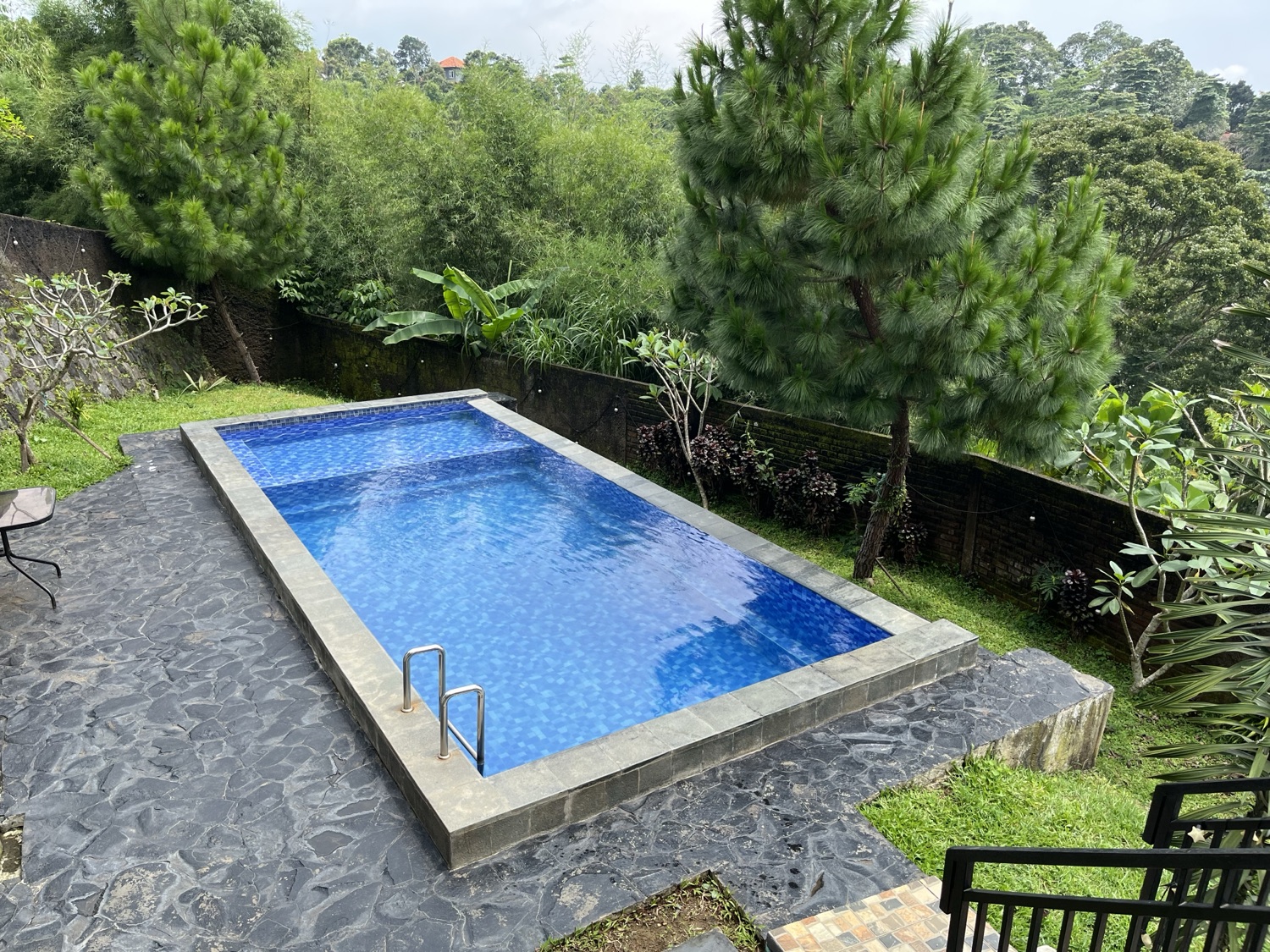 Kolam renang Villa Kay Mountain dikelilingi taman dan pohon pinus